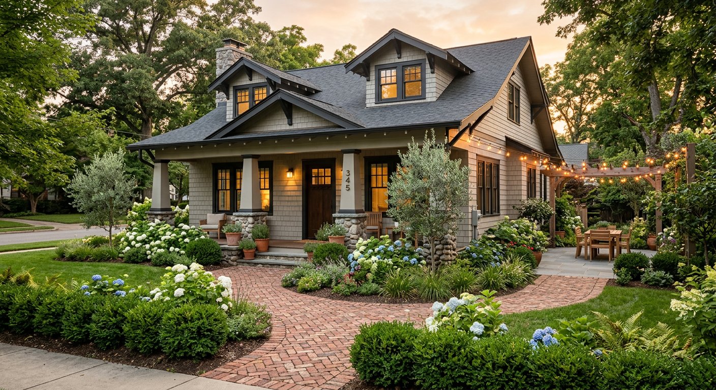 Craftsman home exterior with landscaped garden, brick path, and golden-hour patio