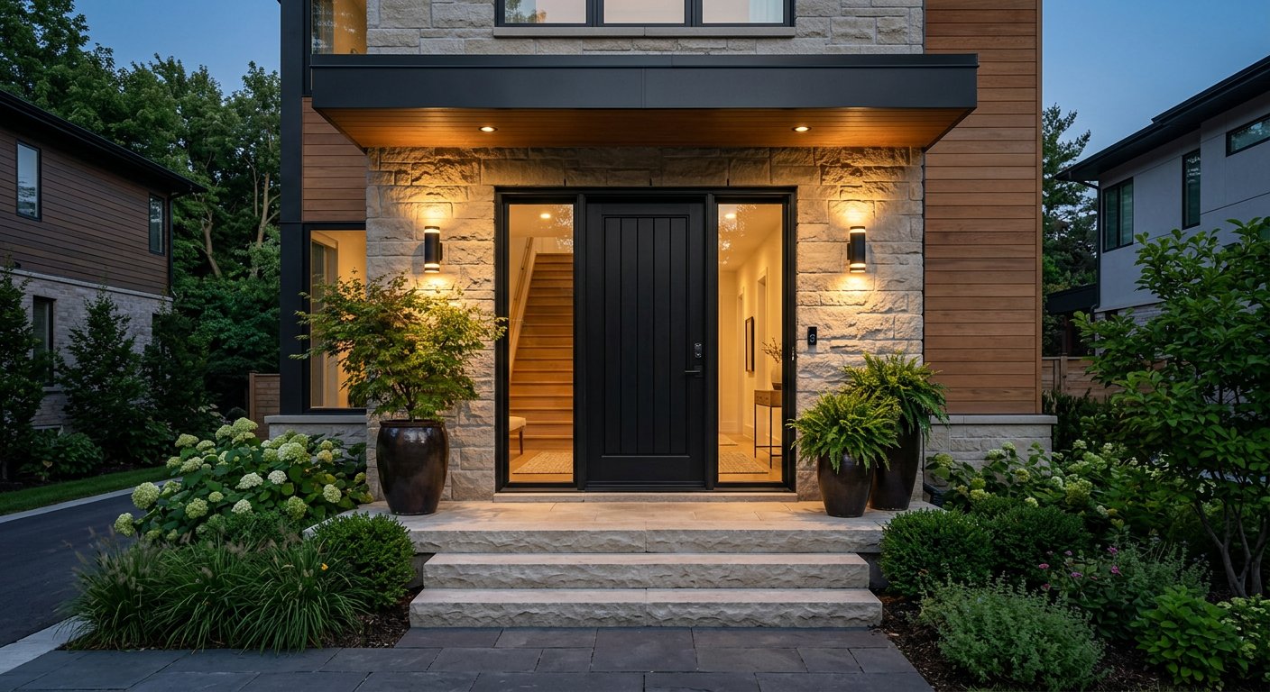 Elegant steel front door with discreet doorbell camera and warm porch lighting
